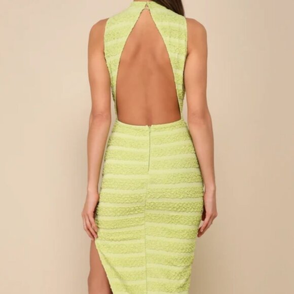 Lulus Gorgeous Delight Lime Green Textured Mock Neck Cutout Midi Dress - Size L - Picture 2 of 4